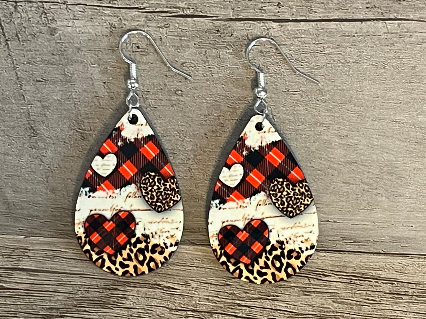 Valentines Day Leopard and Plaid Heart Earrings